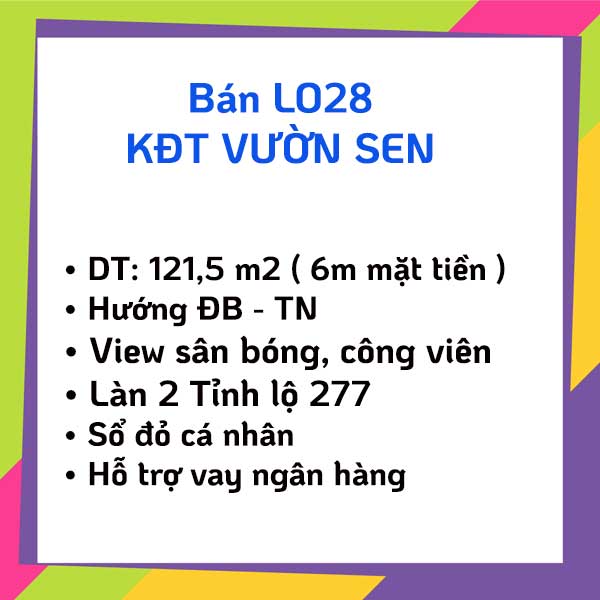 Bán LO28 Khu đô thị Vườn Sen Bắc Ninh - Hướng view sân bóng thông thoáng